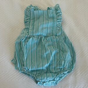 Ruffle Butts Teal & White Striped Cross-Back Ruffle Romper